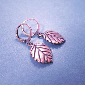 Leaf Earrings, Circle Lever Back Hoops, Copper Dangle Earrings, FREE Shipping