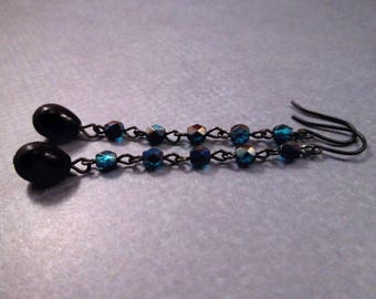 Teal Blue Beaded Chain Earrings, Black Glass Drops, Gunmetal Silver Dangle Earrings, FREE Shipping