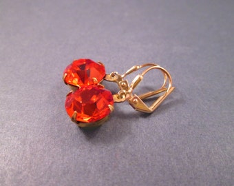 Rhinestone Earrings, Orange Glass and Gold Dangle Earrings, FREE Shipping U.S.