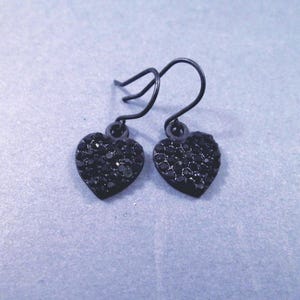 Smaller Size Pave Heart Earrings, Black Glass Crystals, Gunmetal Silver Dangle Earrings, FREE Shipping