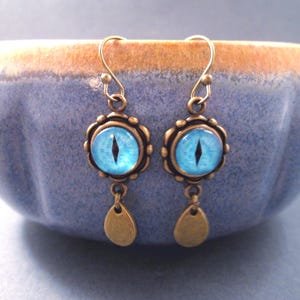 Eye See You, Eyeball and Teardrop Earrings, Blue Glass Cabochons, Brass Dangle Earrings, FREE Shipping