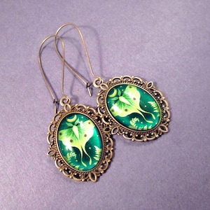 Luna Moth Earrings, Green Glass Cabochons and Victorian Style Settings, Long Brass Dangle Earrings, FREE Shipping