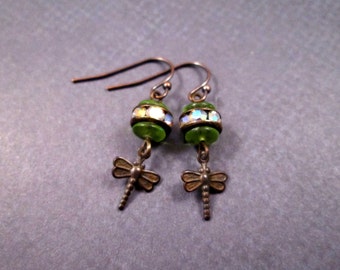 Dragonfly Earrings, Green Glass Beads and Rhinestones, Copper Dangle Earrings, FREE Shipping