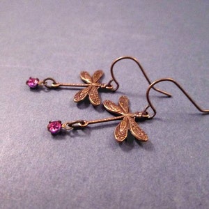Dragonfly Earrings, Pink Glass Rhinestones, Brass Dangle Earrings, FREE Shipping image 3