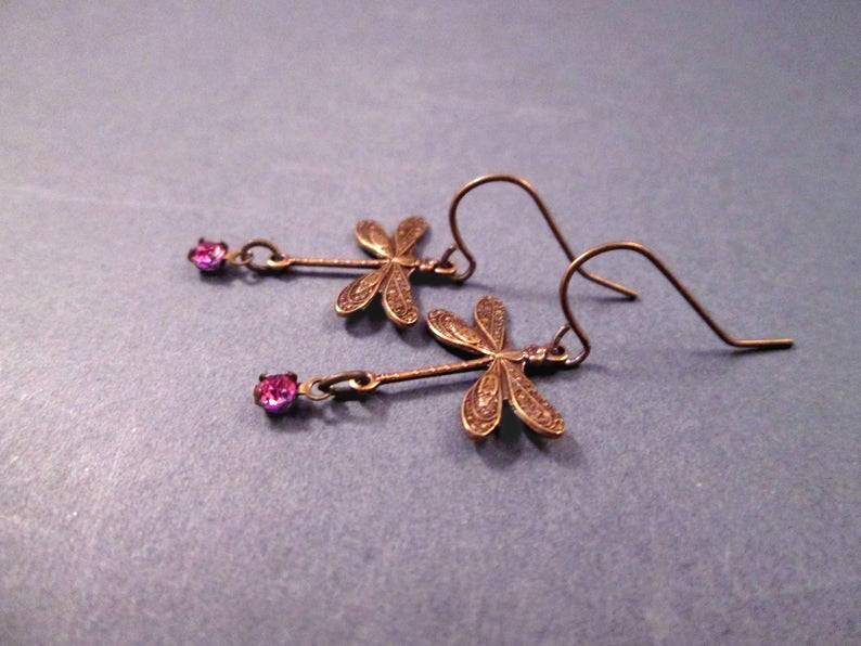 Dragonfly Earrings, Pink Glass Rhinestones, Brass Dangle Earrings, FREE Shipping image 3