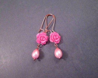 Pearl Earrings, Pink Glass Pearls and Resin Flower Earrings, Rose Gold Dangle Earrings, FREE Shipping