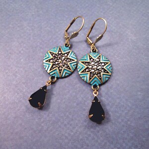 Pave Disc Earrings, Vintage Glass Drops, Teal Patina and Brass, Long Dangle Earrings, FREE Shipping