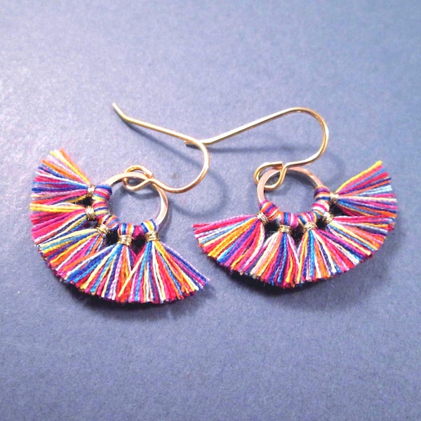 Smaller Size Cotton Tassel Earrings, Rainbow Color Mix, Fan Fringe Earrings, Gold Dangle Earrings, FREE Shipping