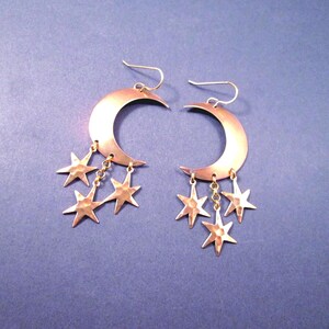 Crescent Moon and Star Earrings, Hammered Charms, Chandelier Earrings, Raw Brass and Gold Dangle Earrings, FREE Shipping image 3