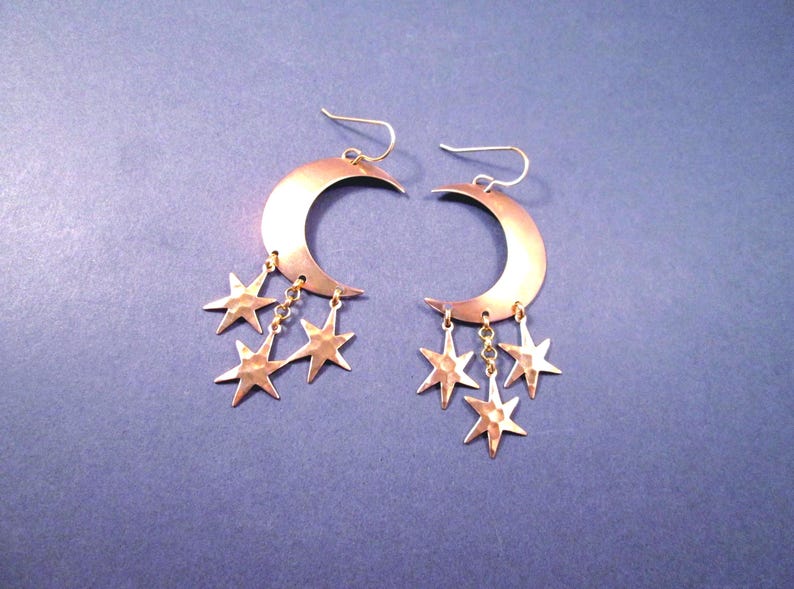 Crescent Moon and Star Earrings, Hammered Charms, Chandelier Earrings, Raw Brass and Gold Dangle Earrings, FREE Shipping image 3