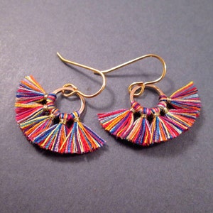 Smaller Size Cotton Tassel Earrings, Rainbow Color Mix, Fan Fringe Earrings, Gold Dangle Earrings, FREE Shipping