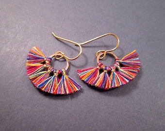 Smaller Size Cotton Tassel Earrings, Rainbow Color Mix, Fan Fringe Earrings, Gold Dangle Earrings, FREE Shipping