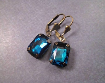 Rhinestone Earrings, Deep Blue Glass Rhinestone and Brass Dangle Earrings, FREE Shipping