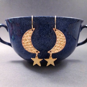 Hammered Crescent Moon Earrings, Moon and Stars, Gold Dangle Earrings, FREE Shipping