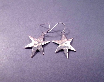 Star Earrings, Hammered Rhodium Silver Earrings, Dangle Drop Earrings, FREE Shipping