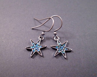 Pave Star Earrings, Blue Glass Rhinestones, Oxidized Silver Dangle Earrings, FREE Shipping