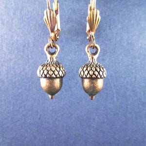 Acorn Earrings, Rustic Woodland Style, Lever Back Ear Wires, Brass Dangle Earrings, FREE Shipping