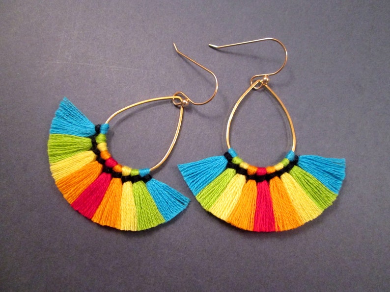 Gold Teardrop Dangle Earrings Rainbow Fan Earrings Cotton Tassel Earrings FREE Shipping U.S.
