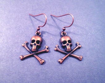 Skull and Bones Earrings, Skeleton Head Charms, Copper Dangle Earrings, FREE Shipping