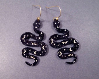 SNAKE Earrings, Black and Gold Acrylic Pendants, Moon and Star Design, Gold Dangle Earrings, FREE Shipping