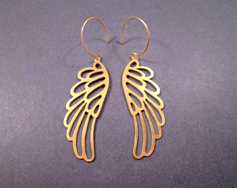 Bird or Angel Wing Earrings, Delicate Earrings, Raw Brass and Gold Dangle Earrings, FREE Shipping