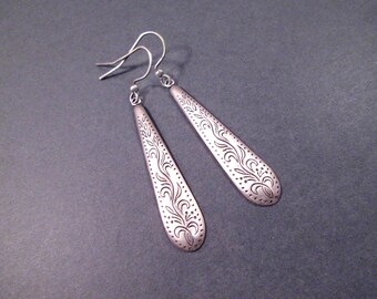 Long Drop Earrings, Etched Oxidized Silver Earrings, Dangle Earrings, FREE Shipping