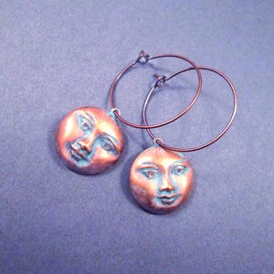 Full Moon Face Earrings, Blue Patina Finish, Copper Dangle Hoop Earrings, FREE Shipping