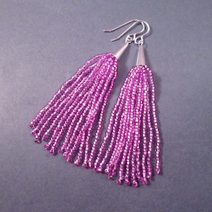 Tassel Earrings, Mirrored Violet Glass Beaded Fringe Earrings, Silver Dangle Earrings, FREE Shipping