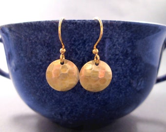 Gold Disc Earrings, Hammered Charms, Dangle Earrings, FREE Shipping