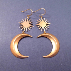 Crescent Moon and Starburst Earrings, Raw Brass Moons and Suns, Gold Dangle Earrings, FREE Shipping
