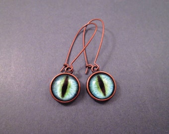 Eye See You, Eyeball Earrings, Blue Green and Black, Copper Dangle Earrings, FREE Shipping