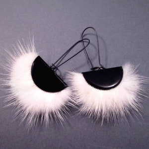 Larger Size Fur Earrings, White and Black Fan Earrings, Mink Fur and Gunmetal Silver Dangle Earrings, FREE Shipping image 3