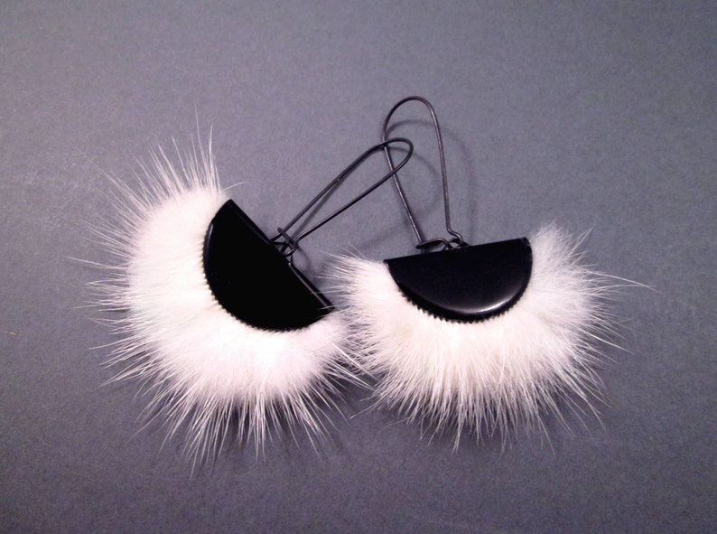 Larger Size Fur Earrings, White and Black Fan Earrings, Mink Fur and Gunmetal Silver Dangle Earrings, FREE Shipping image 3