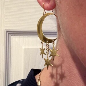 Crescent Moon and Star Earrings, Hammered Charms, Chandelier Earrings, Raw Brass and Gold Dangle Earrings, FREE Shipping image 4