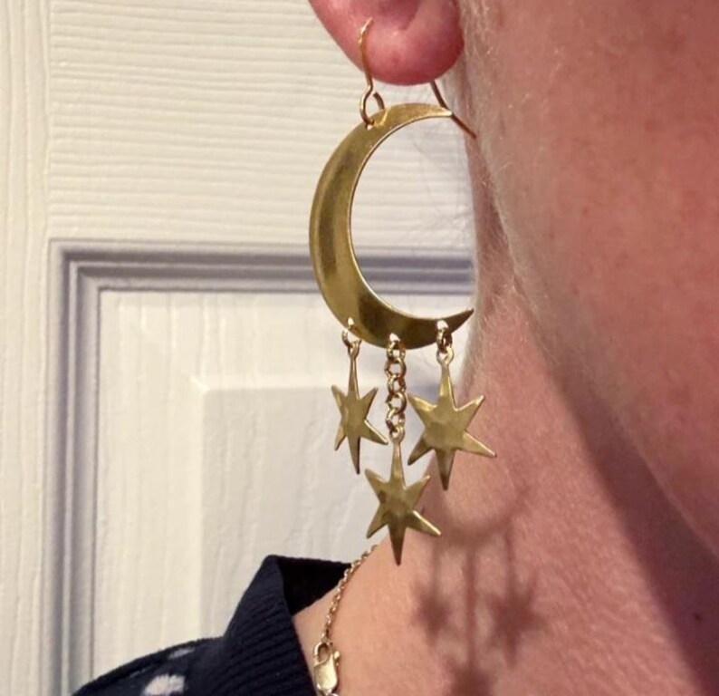 Crescent Moon and Star Earrings, Hammered Charms, Chandelier Earrings, Raw Brass and Gold Dangle Earrings, FREE Shipping image 4