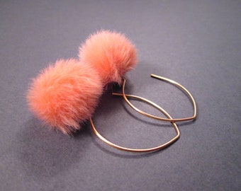 Faux Fur Earrings, Peach Acrylic Pom Pom Earrings, Gold Dangle Earrings, FREE Shipping