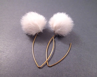 Faux Fur Earrings, White Acrylic Pom Pom Earrings, Raw Brass Long Dangle Earrings, FREE Shipping