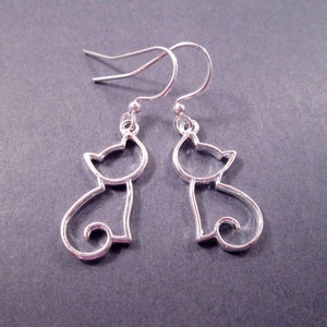 Cat Earrings, Sitting Pretty, Silver Dangle Earrings, FREE Shipping