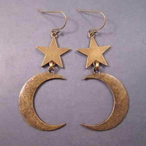 Largest Size Crescent Moon and Star Earrings, Brass Moons and Stars, Long Dangle Earrings, FREE Shipping