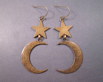 Largest Size Crescent Moon and Star Earrings, Brass Moons and Stars, Long Dangle Earrings, FREE Shipping