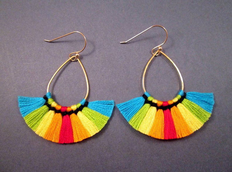 Gold Teardrop Dangle Earrings Rainbow Fan Earrings Cotton Tassel Earrings FREE Shipping U.S.