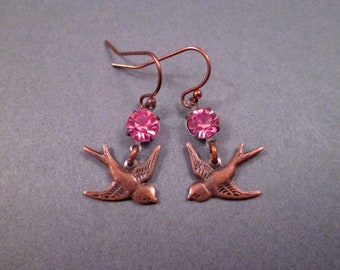 Bird Earrings, Pink Glass Rhinestones, Copper Dangle Earrings, FREE Shipping