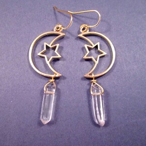 Quartz Crystal Point Earrings, Crescent Moon and Star Earrings, Gold Dangle Earrings, FREE Shipping