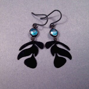 Leaf Vine Earrings, Blue Glass Bezels and Black Die Cut Pendants, Gunmetal Silver Dangle Earrings, FREE Shipping image 1