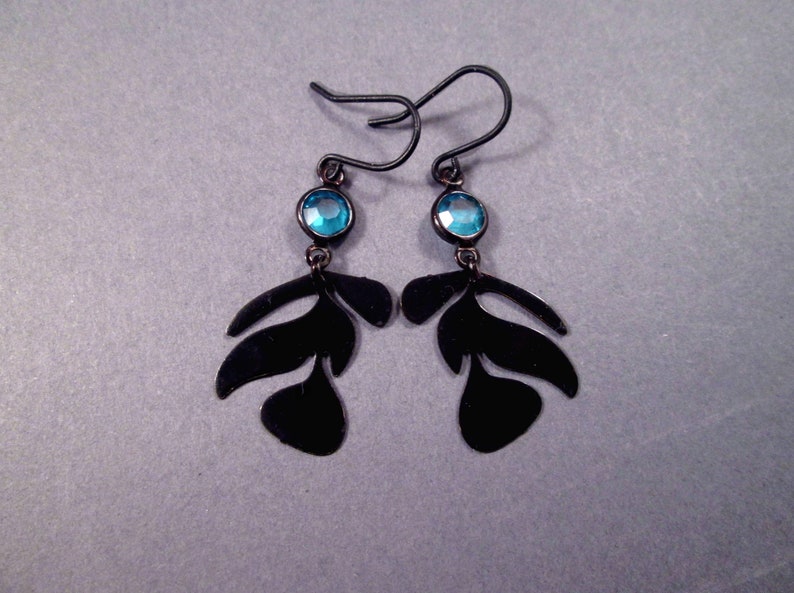 Leaf Vine Earrings, Blue Glass Bezels and Black Die Cut Pendants, Gunmetal Silver Dangle Earrings, FREE Shipping image 1