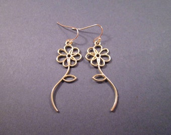 Flower Earrings, Blossom Leaf and Stem, Gold Dangle Earrings, FREE Shipping