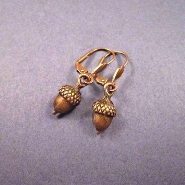 Acorn Earrings, Rustic Woodland Style, Lever Back Ear Wires, Brass Dangle Earrings, FREE Shipping