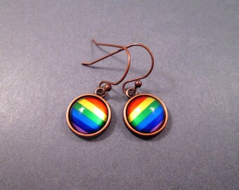 Rainbow Earrings, Colorful Stripe Glass Cabochons, Copper Dangle Earrings, FREE Shipping