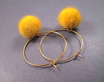 Faux Fur Earrings, Yellow Acrylic Pom Pom Earrings, Gold Dangle Hoop Earrings, FREE Shipping