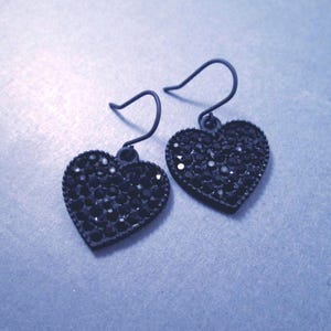 Pave Heart Earrings, Black Glass Crystals, Gunmetal Silver Dangle Earrings, FREE Shipping
